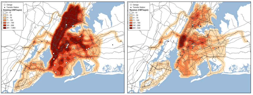 The density of private waste collection routes before (left), and after a hypothetical zoned system (right). Image: DSNY