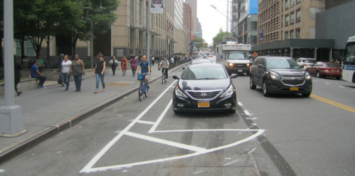 The city has flipped parked cars with bike lanes on Jay Street in downtown Brooklyn. Photo: NYC DOT