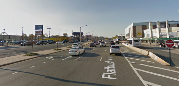 Angel and Samantha Sagardia were struck by a commuter van while attempting to cross the wide expanse of Flatbush Avenue outside Kings Plaza Mall. Photo: Google Maps