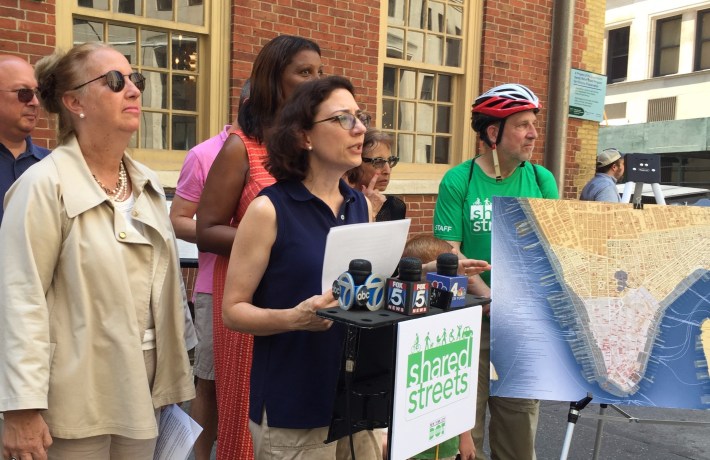 Transportation Commissioner Polly Trottenberg, joined by Manhattan Borough President Gale Brewer and Public Advocate Letitia James, at a "Shared Streets" press conference Saturday afternoon.