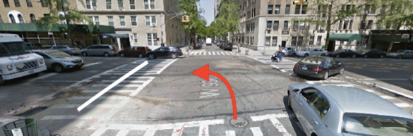 DOT reduced traffic lanes but did not install concrete islands to slow turns at West End Avenue and W. 93rd Street, where a driver killed 85-year-old George Mamalas. The white line represents Mamalas's path through the intersection — it is unknown which direction he was walking — and the red arrow indicates the path of the driver, per NYPD. Image: Google Maps