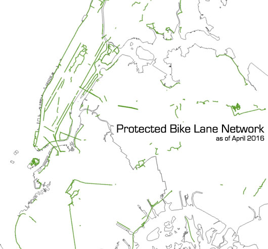 DOT will add 18 more miles of protected lanes to this map in 2016, but there's a lot of work left to do to create a cohesive citywide network of safe bike routes. Map: Jon Orcutt