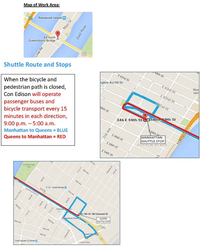 ConEd provides a shuttle bus service for people crossing the Queensboro Bridge after 9 p.m., but the wait times and circuitous route are frustrating bike commuters who depend on the bridge to get to and from work. Image: DOT