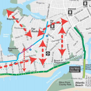 Missing bike connections identified in initial public meetings for the city's transportation study of the eastern Rockaways. Image: DOT