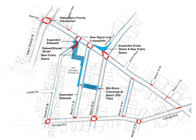 Next summer's reconstruction of downtown Far Rockaway's streets will expand sidewalks and improve crossings. Image: DOT