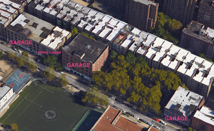 A developer wants to build affordable housing on the sites of three parking garages between Amsterdam Avenue and Columbus Avenue on West 108th Street. Photo: Google Maps