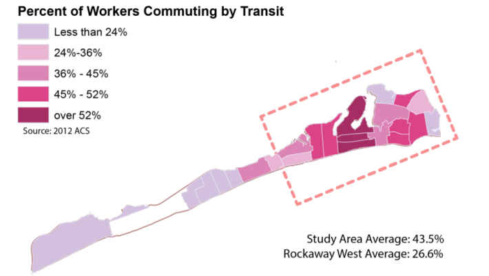 In some parts of Far Rockaway, the majority of residents commute to work by public transit. Image: DOT