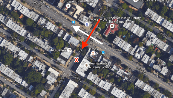 The white arrow indicates the direction of the witness to Wednesday’s crash. The red arrow indicates the path of the driver. The red “X” is the approximate location where the driver stopped, based on photos of the scene. Image: Google Maps