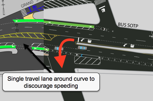 CB 1 members cited this "extremely dangerous" left turn (red arrow) as justification for tabling DOT's proposal for bike lanes on the Metropolitan Avenue Bridge. Image: DOT