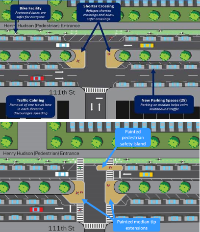 DOT's updated 111th Street plan (top) maintains two-way southbound traffic flow and omit the new crosswalks included in the original plan (below). Images: DOT