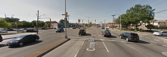 A driver hit two teenagers, killing 13-year-old Jazmine Marin, at Cross Bay Boulevard at 149th Avenue in Ozone Park this morning. NYPD filed no charges against the driver and blamed the victims in the press. Image: Google Maps