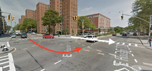 An MTA bus driver struck and killed Anna Colon on East Houston Street this morning. The white arrow indicates the direction the victim was walking and the red arrow indicates the approximate path of the driver. Image: Google Maps