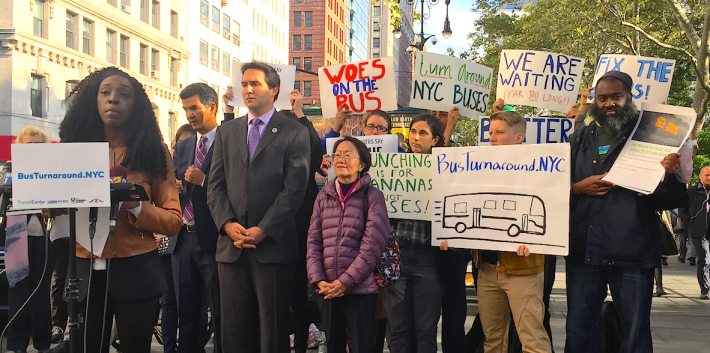 Riders Alliance member and Queens bus rider Natasha Saunders speaking alongside elected officials and advocates before this morning's hearing. Photo: David Meyer