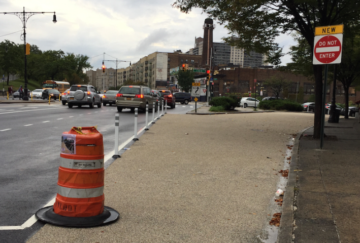 DOT made safety improvements on the Grand Concourse below 158th Street earlier this year, including this closed-off slip lane outside Cardinal Hayes High School, but the project did not include any bike lanes. Image: DOT