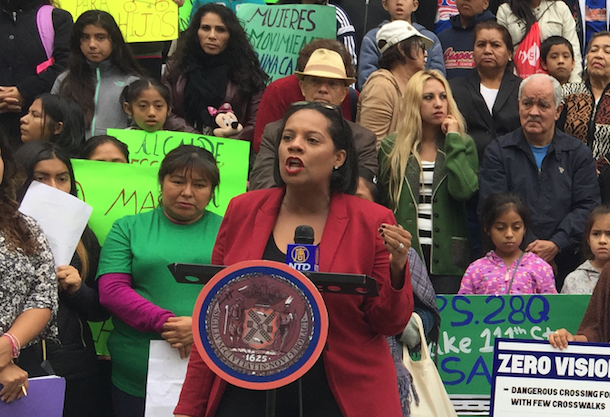 Council Member Julissa Ferreras-Copeland brought more than 80 people from Corona and Jackson Heights to the steps of City Hall this morning. Photo: David Meyer