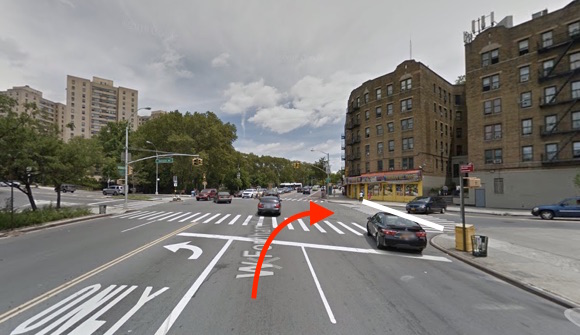 A school bus driver struck and killed Carmen Puello in a crosswalk in University Heights. The white line indicates the path of the victim — it’s unknown which direction she was walking — and the red arrow indicates the approximate path of the driver, according to NYPD. Police filed no charges. Image: Google Maps