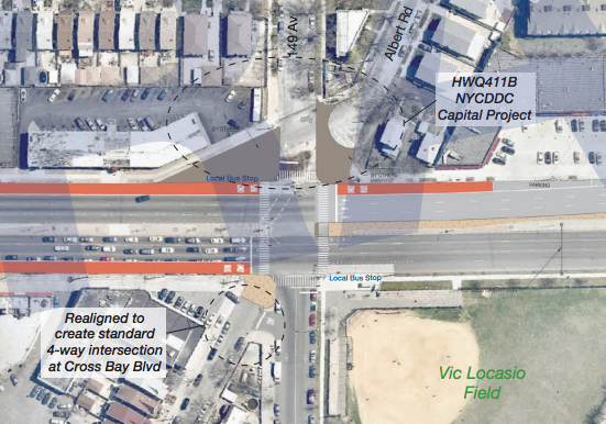 A driver killed 13-year-old Jazmine Martin yesterday at this intersection, which get a left-turn and expanded pedestrian space in DOT's Woodhaven SBS plan. Image: DOT