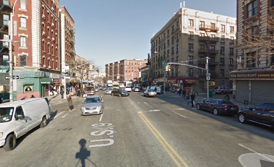 Broadway and 180th Street, where an allegedly unlicensed driver killed Abrehet Hagos last weekend. Broadway in Upper Manhattan is a Vision Zero priority corridor, but NYC mainly relies on speed enforcement, which is sporadic, to slow motorists. Image: Google Maps