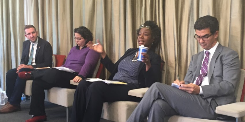 From left: TA Executive Director Paul Steely White, Pratt Center Policy Director Elena Conte, Bed-Stuy Restoration Executive Vice President Tracey Capers, and City Council Transportation Chair Ydanis Rodriguez. Photo: David Meyer