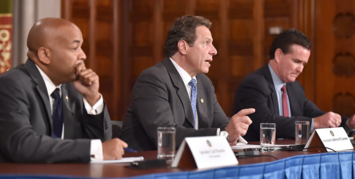 Republicans won an outright majority in the state senate yesterday, which means Senate Majority John Flanagan (far right) will keep his place at the decision making table with Assembly Speaker Carl Heastie and Governor Andrew Cuomo (left and center, respectively). Photo: Flickr/NY Governor's Office