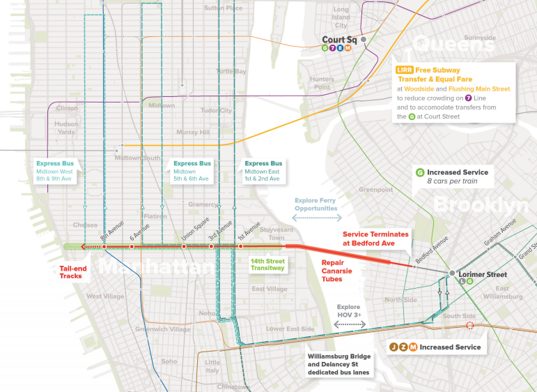 The Regional Plan Association has mapped out a network of transitways as well as a bus service plan to handle passengers displaced by the L train shutdown. Image: RPA