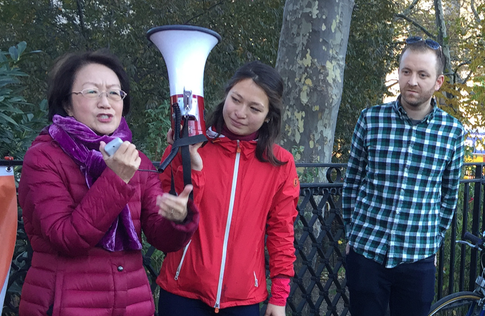 Council Member Margaret Chin speaking at Chrystie Street and Canal Street on Sunday. Photo: David Meyer