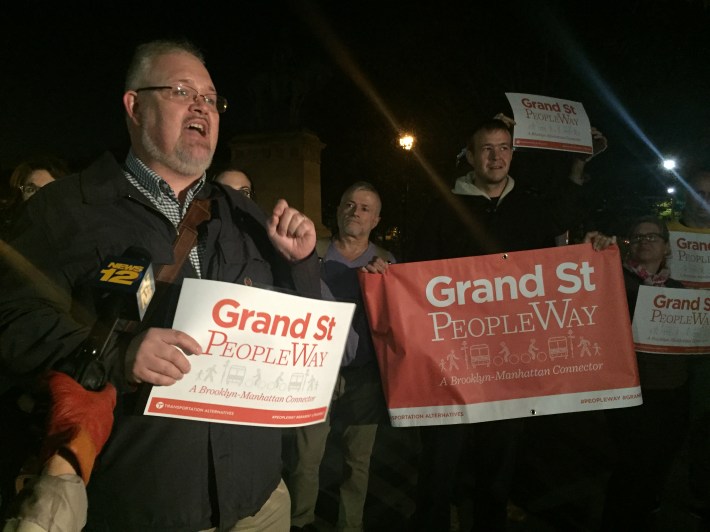 Transportation Alternatives Queens and Brooklyn activists rallied yesterday for a Grand Street "PeopleWay" during the L train shutdown dedicated to buses, bikes, and pedestrians. Photo: David Meyer