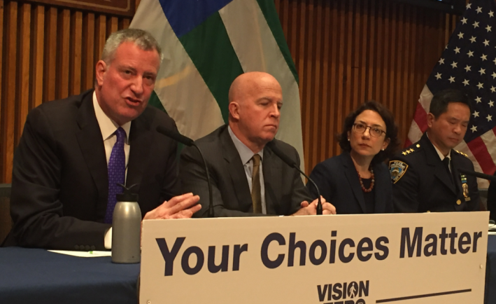 Mayor de Blasio speaking this morning alongside NYPD Commissioner James O'Neill, Transportation Commissioner Polly Trottenberg, and NYPD Transportation Chief Thomas Chan. Image: David Meyer