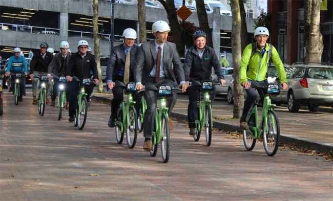 Seattle Mayor Ed Murray, second from right, on a ride to inaugurate Pronto bike-share two years ago. Photo: Seattle Office of the Mayor