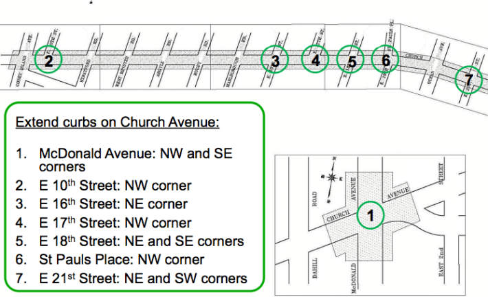 These pedestrian safety improvements along Church Avenue still do not have a timeline for construction. Image: DOT