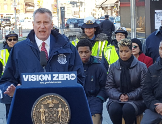 Mayor de Blasio announcing Vision Zero funding increases outside Atlantic Terminal on Wednesday. Photo: NYC DOT