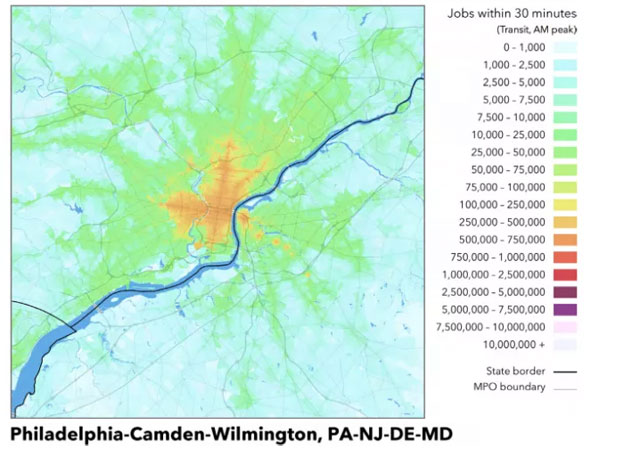 Philadelphia ranked seventh in the nation on the number of jobs accessible to the average resident via transit. Image: University of Minnesota