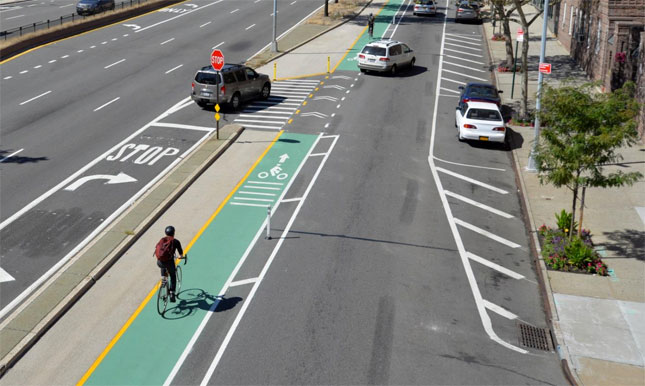 The new bike lane on Queens Boulevard.