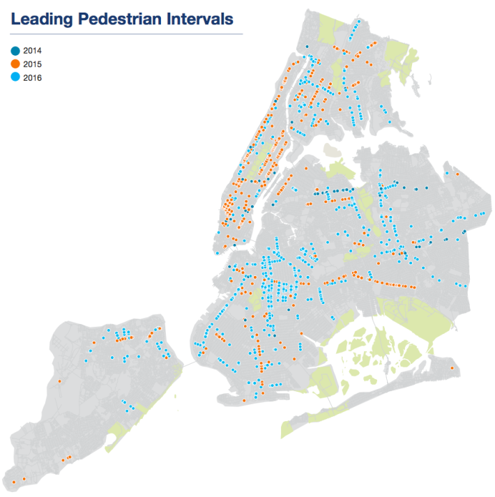 DOT has installed more than one thousand new leading pedestrian intervals since Mayor de Blasio took office. Image: <a href="