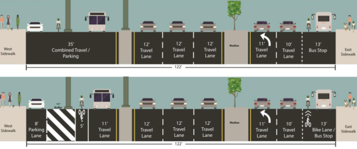 DOT's plan does not include protected bike lanes south of West 246th, where the corridor widens and runs under the elevated train. Image: DOT