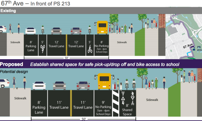 DOT's plan would designate the protected bike lanes along P.S. 213 as "shared space" for pedestrians and cyclists. Image: DOT