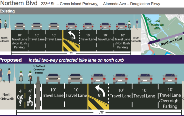 DOT has designed a two-way protected bike lane for the stretch of Northern Boulevard near Joe Michaels Mile, where Michael Schenkman was struck and killed while biking last summer. Image: DOT