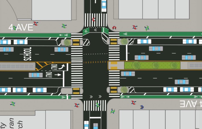 In DOT's design for protected bike lanes on Fourth Avenue, the typical intersection will have four pedestrian islands. Image: NYC DOT