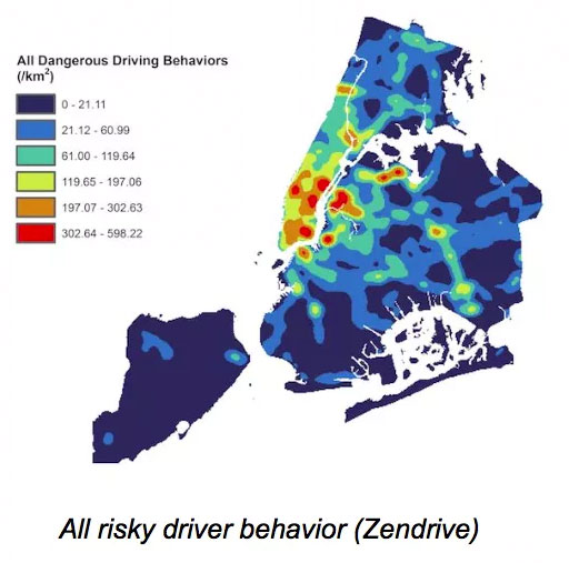 Data from Zendrive can map the incidence of dangerous behaviors like speeding and distracted driving -- and track how they change over time. Map: Zendrive