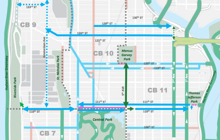 Map of proposed bike network improvements above 110th Street. Image: DOT