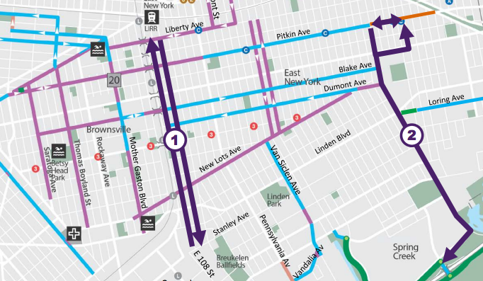 The proposed new bike lanes, identified in purple. Image: DOT