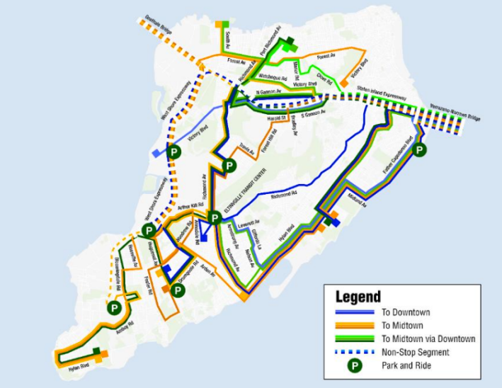 Staten Island's existing express bus network brings frustrated riders on a "tour of Staten Island." Image: MTA