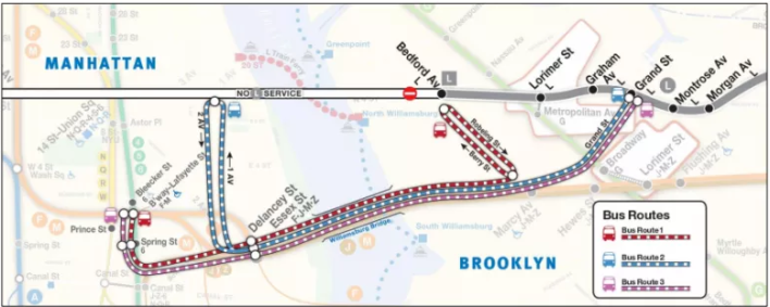 The draft plan for shuttle bus service calls for three routes between Williamsburg and Manhattan. Map: MTA/DOT