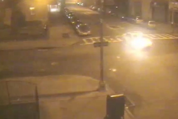 Video still of NYPD patrol car driven by Officer Darren Ilardi seconds before Ilardi fatally struck Ryo Oyamada. Image via Vaccaro and White