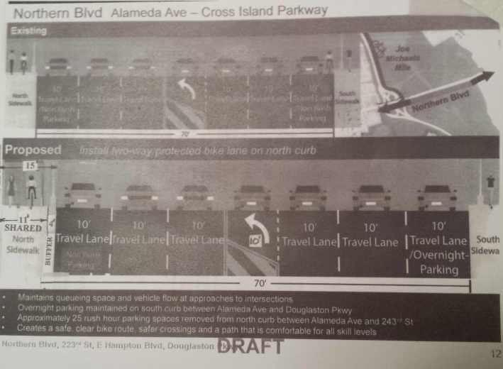 This alternative proposal floated by CB 11 transportation co-chair falls short of DOT's plan on a number of counts. Image: Eastern Queens Greenway