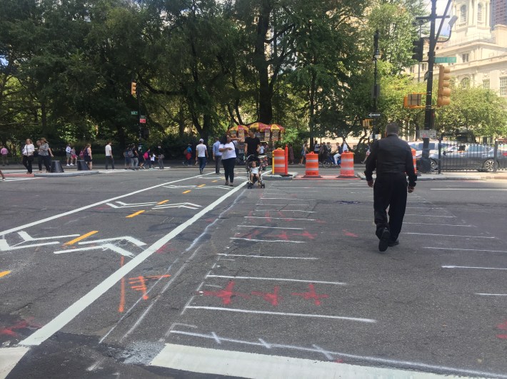 DOT used the project to add a new crossing for cyclists and pedestrians on the northern side of Park Row at Spruce Street. Photo: David Meyer