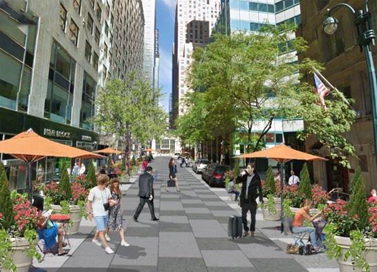 A rendering of what 43rd Street will look like in 2021, once its "shared street" design is built out in concrete. image: NYC Mayor's Office