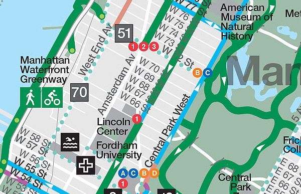 Amsterdam Avenue has a bikeway north of W. 72nd Street, but no protection for cyclists to the south. Image: DOT