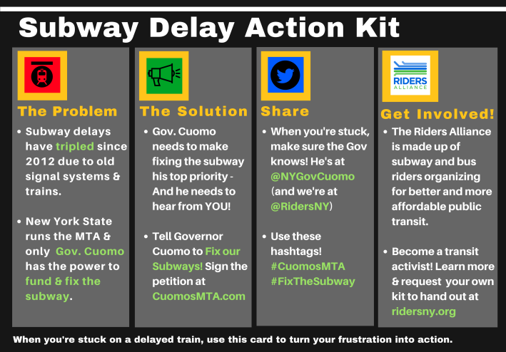 New Yorkers can sign up to receive copies of this "Subway Delay Action Kit" to distribute to fellow riders. Image: Riders Alliance