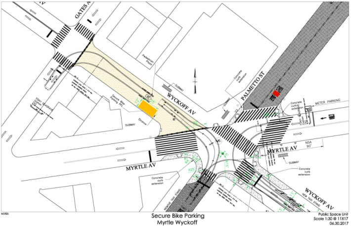 The proposed location for valet bike parking at the Myrtle-Wyckoff transit hub. Image: DOT